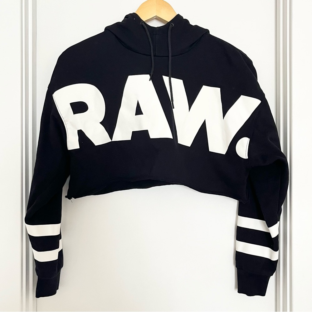 G-Star Raw Women's Cropped Graphic Hoodie Size M Black Logo Statement Streetwear
